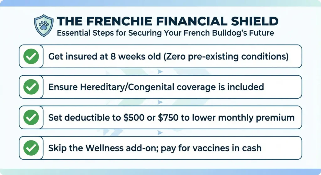 A checklist graphic titled 'The Frenchie Financial Shield