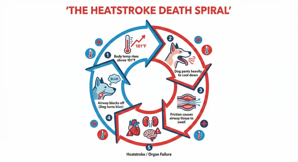 A circular flow-chart infographic titled 'The Heatstroke Death Spiral