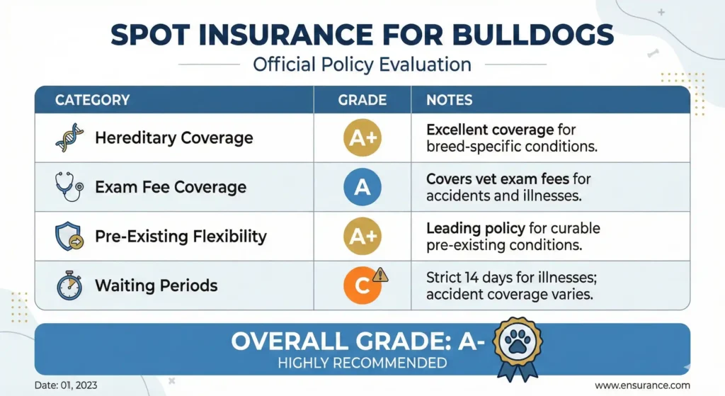 A clean 'Report Card' graphic titled 'Spot Insurance for Bulldogs
