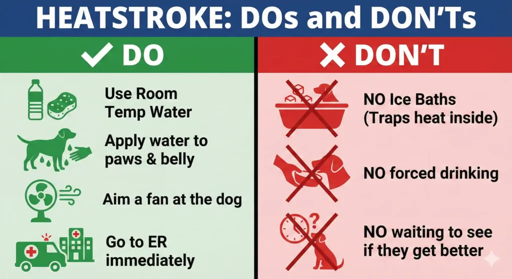 A split-panel first aid graphic titled 'Heatstroke DOs and DON'Ts