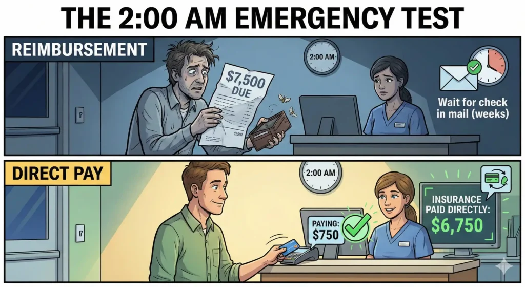 A split-screen illustration of a veterinary checkout counter