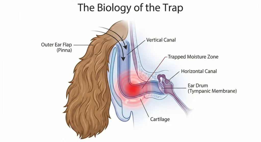 A clean, medical-style vector illustration showing a cross-section of a Cocker Spaniel's head and ear