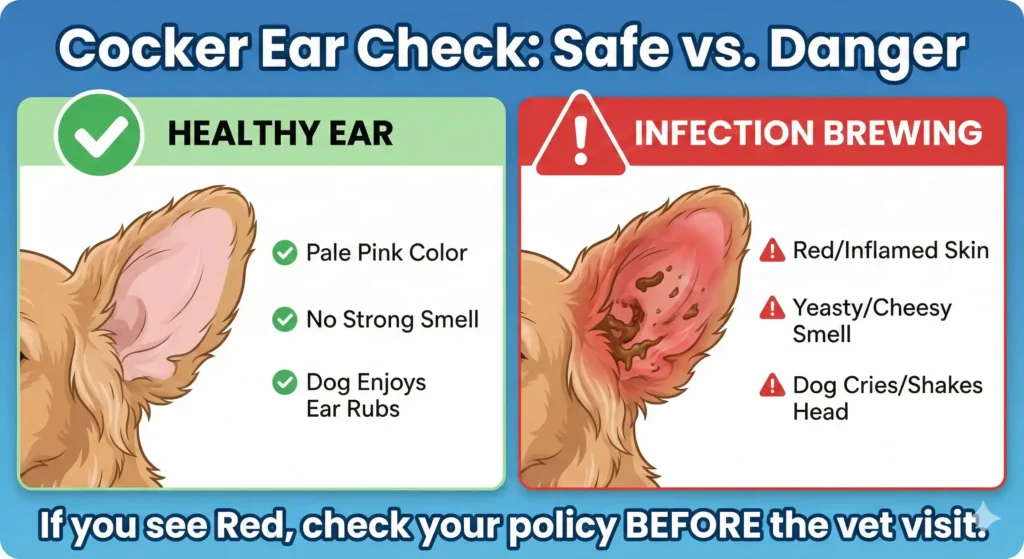A split-panel comparison infographic titled 'Cocker Ear Check Safe vs. Danger