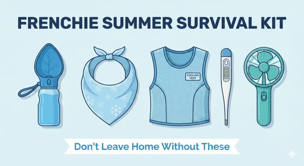 A flat-lay illustration of a 'Frenchie Summer Survival Kit' on a light blue background