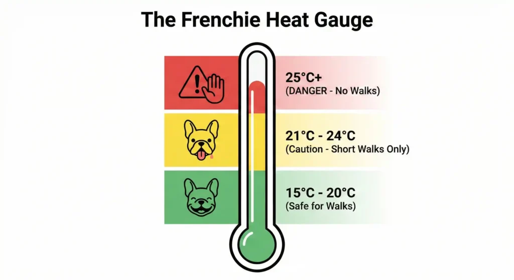 A vertical thermometer infographic designed for flat-faced dogs