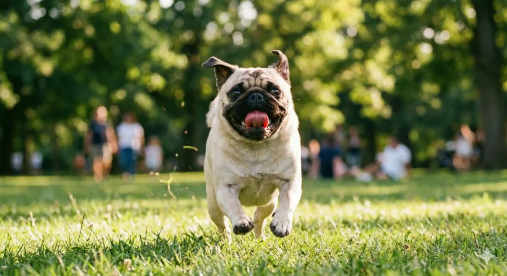 Happy French Bulldog running freely after successful airway surgery 