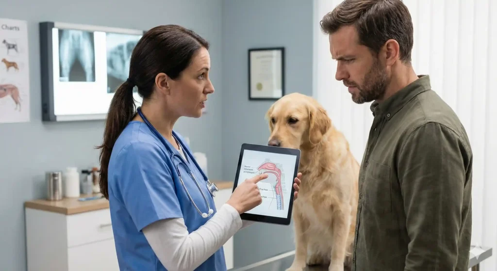 Vet explaining Brachycephalic Obstructive Airway Syndrome (BOAS) to a dog owner