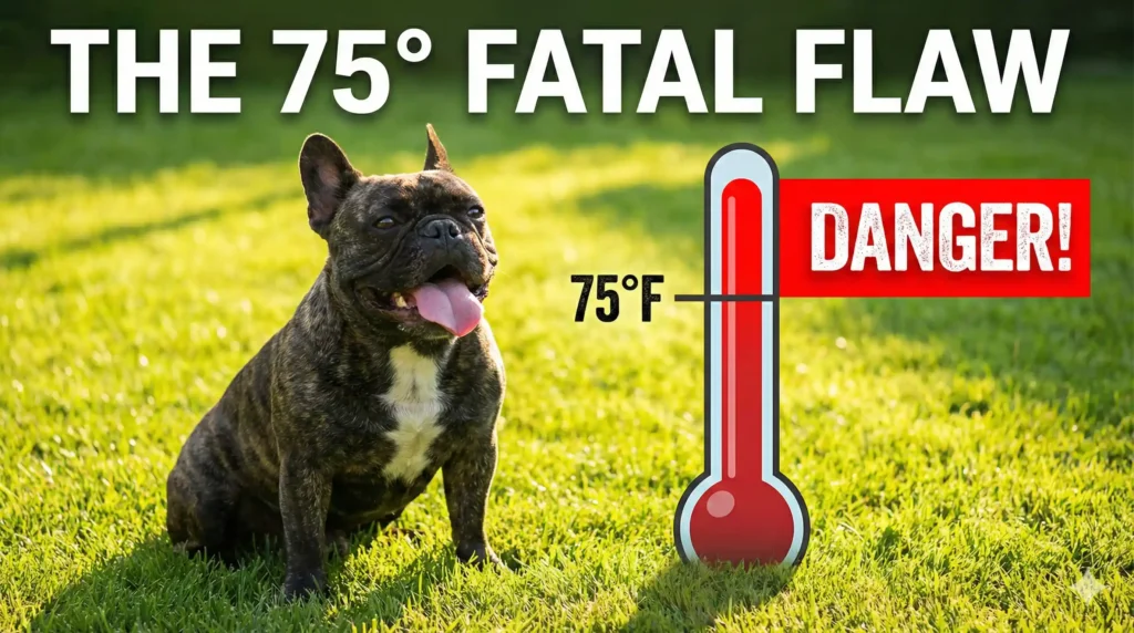 A cinematic, dramatic shot of a panting French Bulldog sitting on a bright green summer lawn