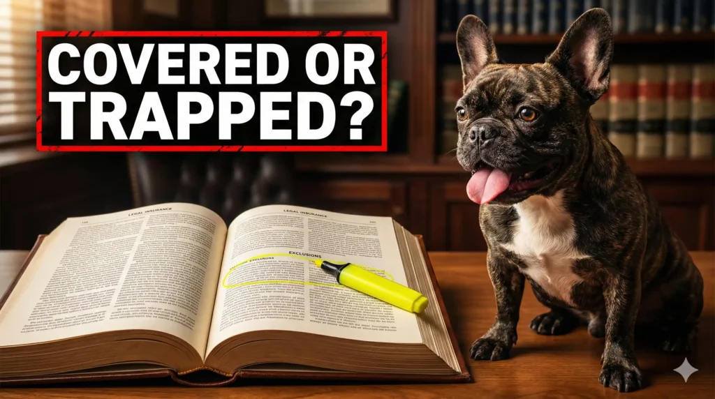 A cinematic, eye-level shot of a French Bulldog sitting next to a thick, complex legal insurance document