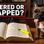 A cinematic, eye-level shot of a French Bulldog sitting next to a thick, complex legal insurance document