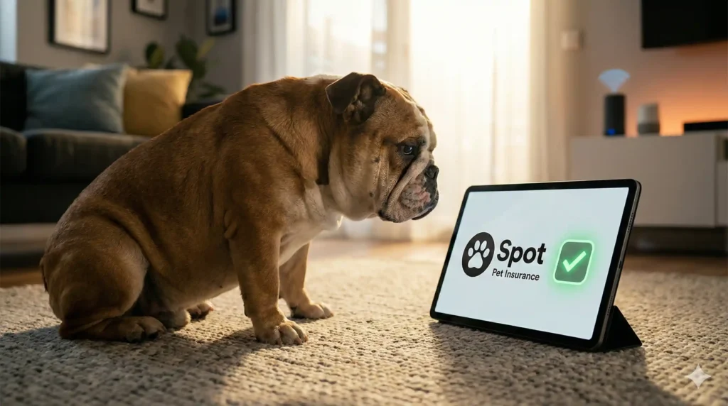 A cinematic, eye-level shot of an English Bulldog sitting on a living room rug, looking curiously at a sleek tablet screen displaying the 'Spot Pet Insurance' logo