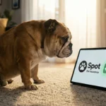 A cinematic, eye-level shot of an English Bulldog sitting on a living room rug, looking curiously at a sleek tablet screen displaying the 'Spot Pet Insurance' logo