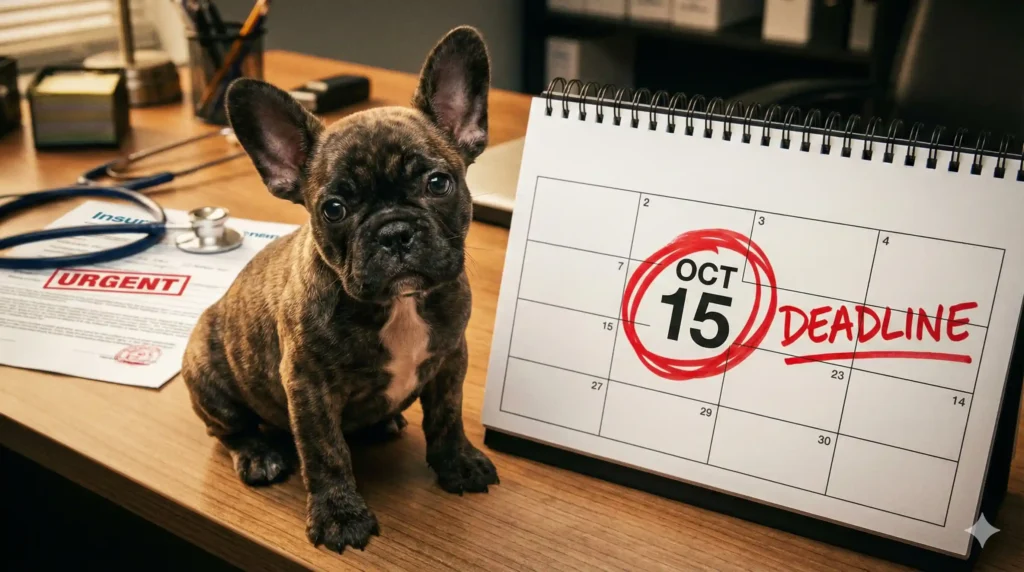 A cinematic, highly detailed image of a cute 8-week-old French Bulldog puppy sitting on an office desk