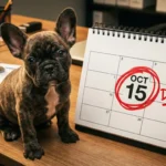 A cinematic, highly detailed image of a cute 8-week-old French Bulldog puppy sitting on an office desk