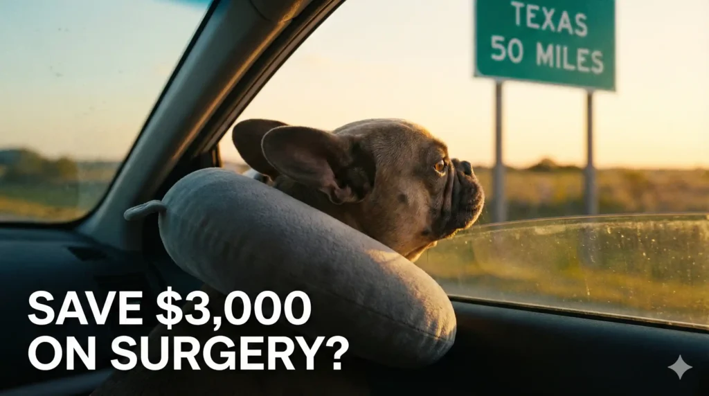 A cinematic shot of a French Bulldog sitting in the passenger seat of a car, looking out the window with wind in its ears