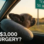 A cinematic shot of a French Bulldog sitting in the passenger seat of a car, looking out the window with wind in its ears