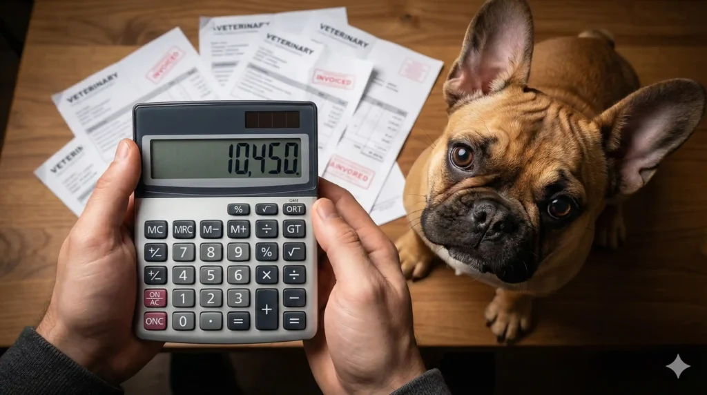 A cinematic, slightly stressful point-of-view shot. A person's hands are holding a calculator showing ' 10,450' on the screen