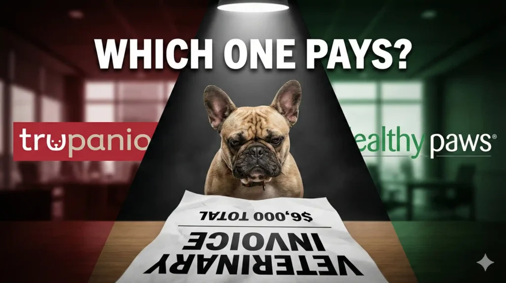 A cinematic split-screen image. On the left side, the Trupanion logo colors (red and white)