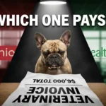 A cinematic split-screen image. On the left side, the Trupanion logo colors (red and white)