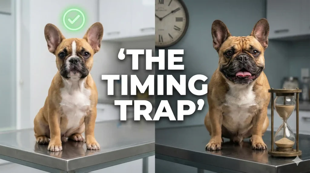 A cinematic, split-screen photograph. On the left, a cute 8-month-old French Bulldog puppy breathing comfortably with a green checkmark
