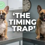 A cinematic, split-screen photograph. On the left, a cute 8-month-old French Bulldog puppy breathing comfortably with a green checkmark