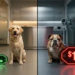 A cinematic, split-screen photograph. On the left, a happy Labrador Retriever sitting next to a small green price tag that says ' 45mo