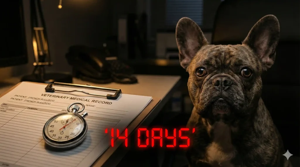A cinematic, suspenseful image of a ticking stopwatch resting on top of a veterinary medical record