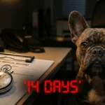 A cinematic, suspenseful image of a ticking stopwatch resting on top of a veterinary medical record