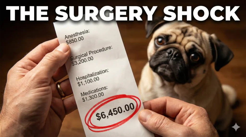 A close-up, high-quality image of a person's hands holding a long, detailed veterinary invoice receipt