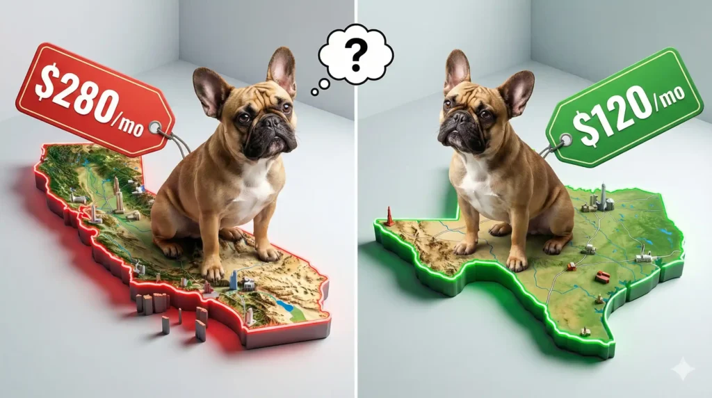 A conceptual split-screen image. On the left, a French Bulldog sitting on a map of California with a price tag reading ' 280mo' in red