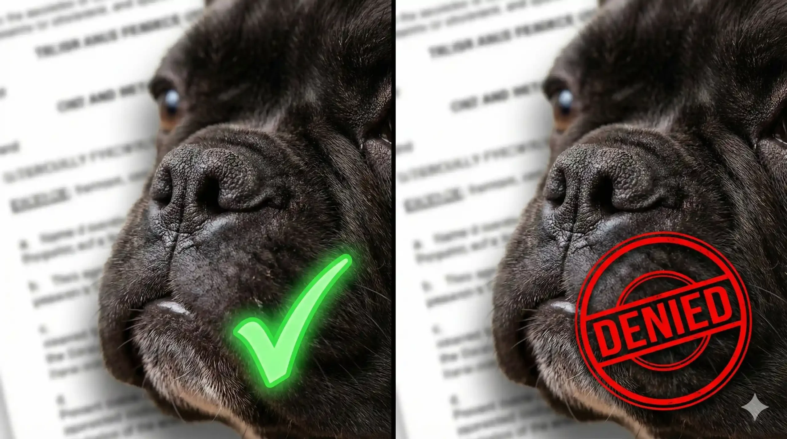 A split-screen close-up of a French Bulldogs nose. The left nostril is highlighted in Green with a checkmark