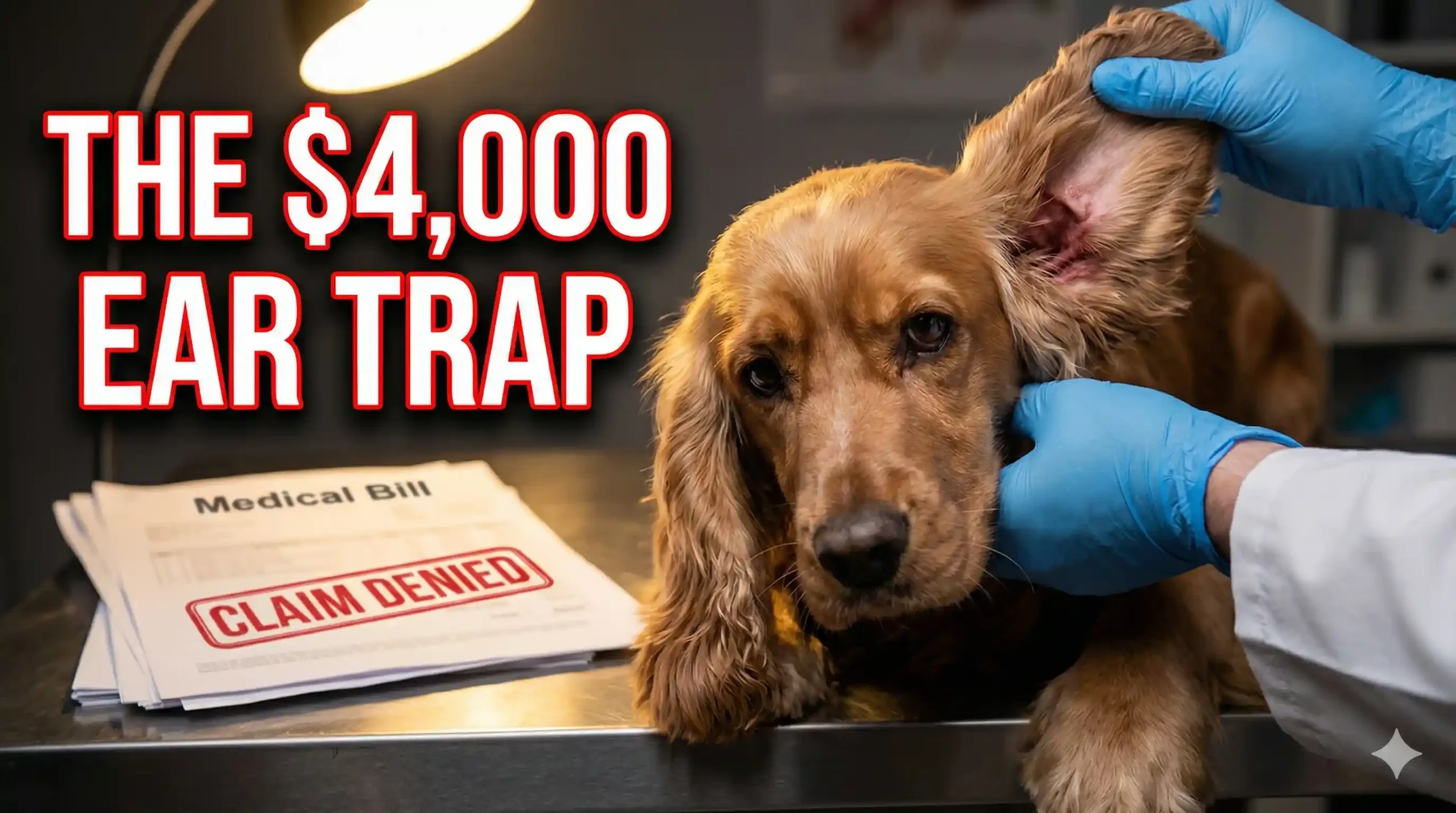 A close-up, emotional photograph of a beautiful Cocker Spaniel looking sad, with one heavy, floppy ear lifted slightly by a veterinarian's gloved hand