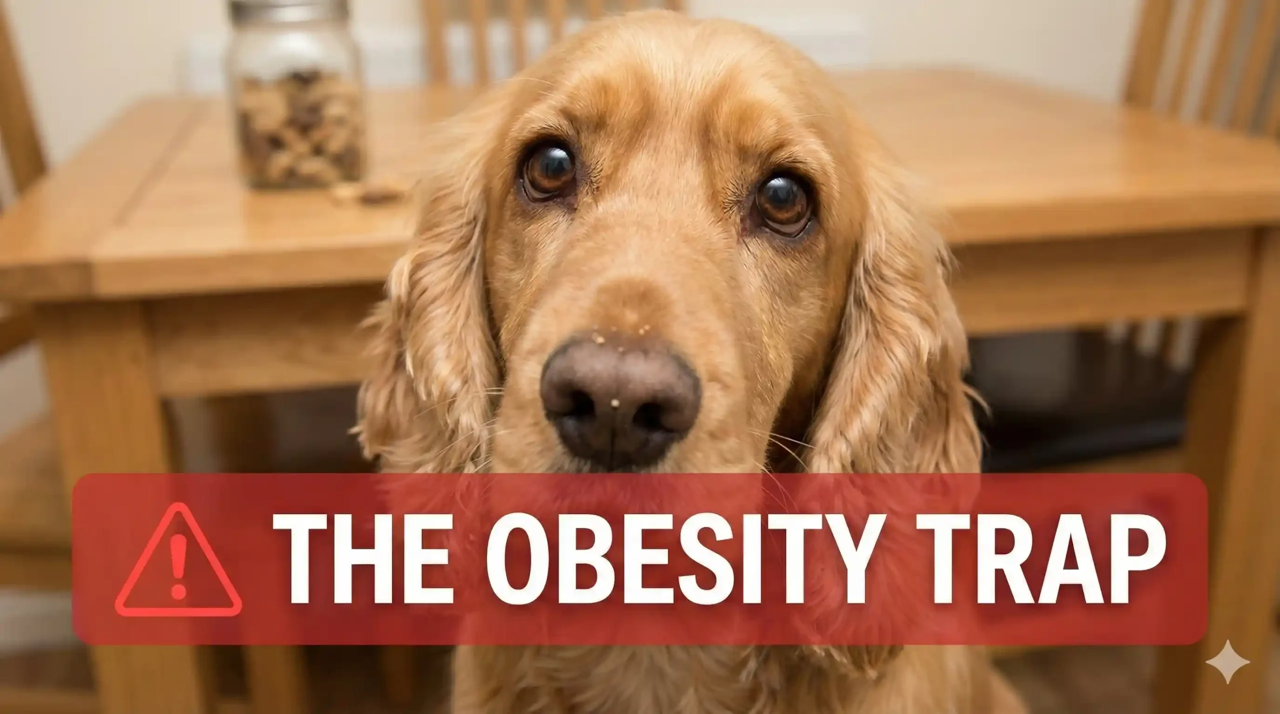 A close-up, wide-angle shot of a Cocker Spaniel's face looking up at the camera with massive, irresistible 'puppy dog eyes' while begging for a treat
