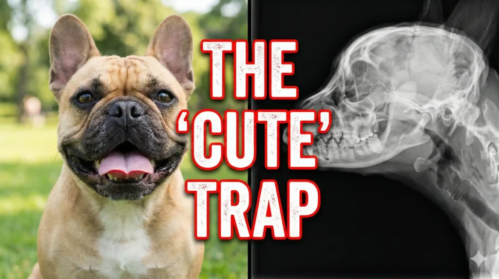 A striking split-screen image of a French Bulldog's head