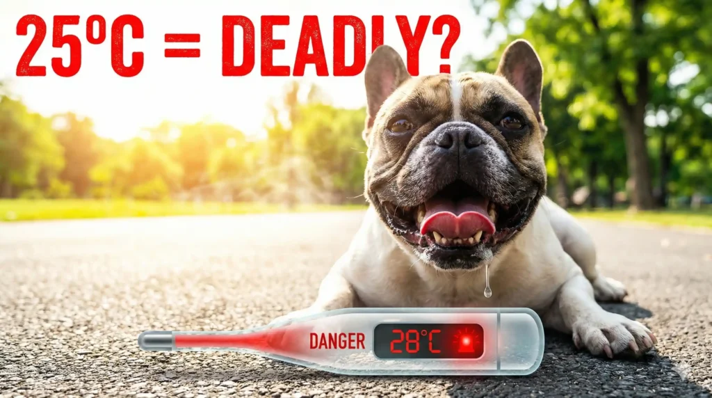 Close-up, low-angle shot of a French Bulldog panting heavily with a wide tongue, looking exhausted on a sunny pavement