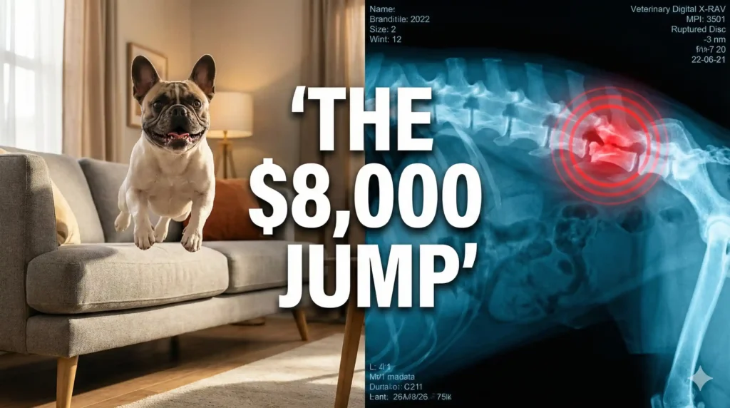 French Bulldog jumping happily off a modern living room couch