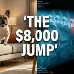 French Bulldog jumping happily off a modern living room couch