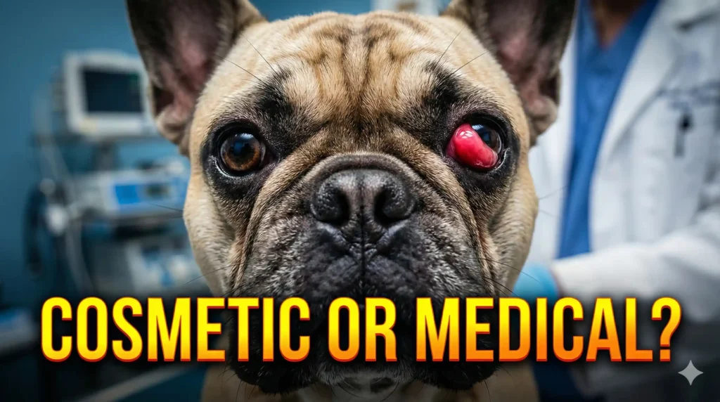 One eye is normal, the other has a distinct, bright red 'Cherry Eye' mass popping out