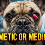 One eye is normal, the other has a distinct, bright red 'Cherry Eye' mass popping out