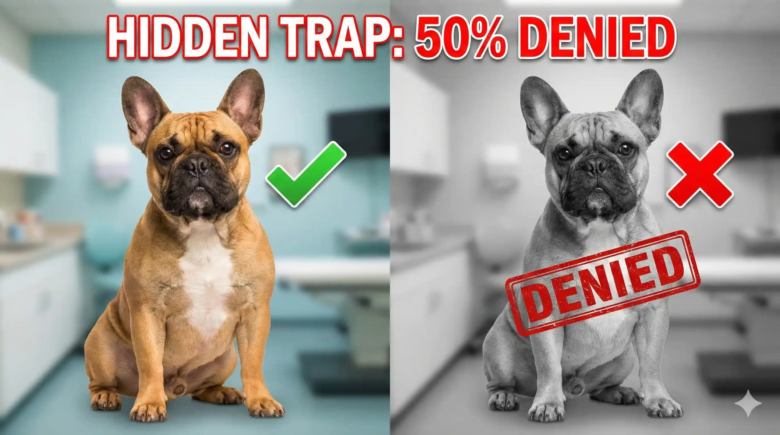 Split-screen conceptual image of a French Bulldog sitting facing forward