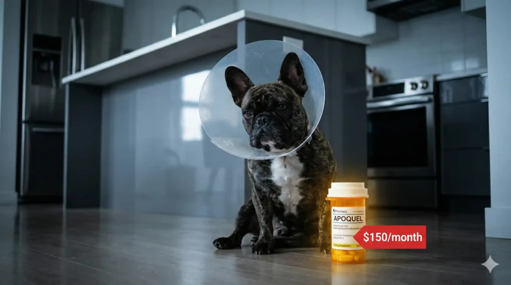 eye-level shot of a frustrated French Bulldog wearing a plastic